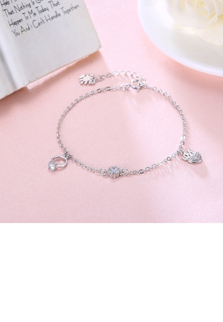 925 Sterling Silver Romance Heart Shape LOVE Alphabet Bracelet with Cubic Zircon