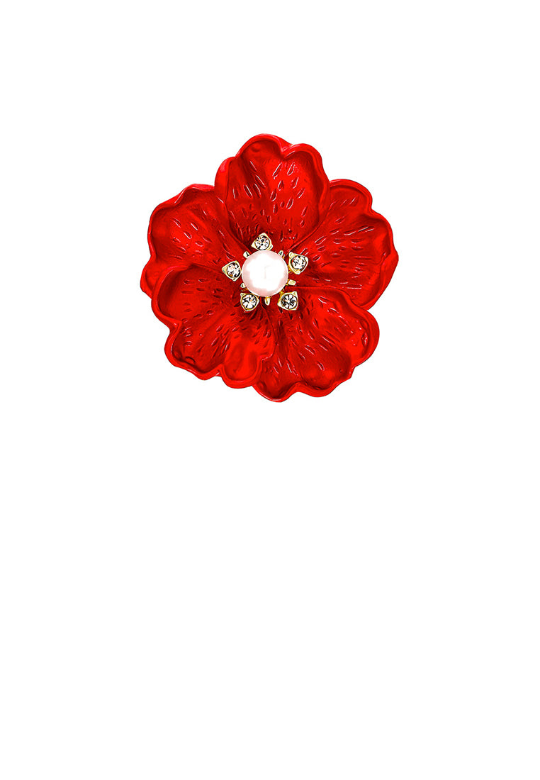 Fashion Temperament Plated Gold Enamel Red Peony Brooch with Cubic Zirconia - Luxurious Look - Vibrant Color