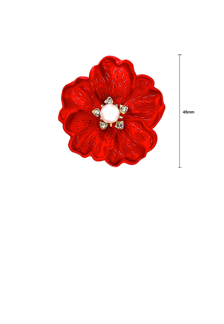 Fashion Temperament Plated Gold Enamel Red Peony Brooch with Cubic Zirconia - Luxurious Look - Vibrant Color