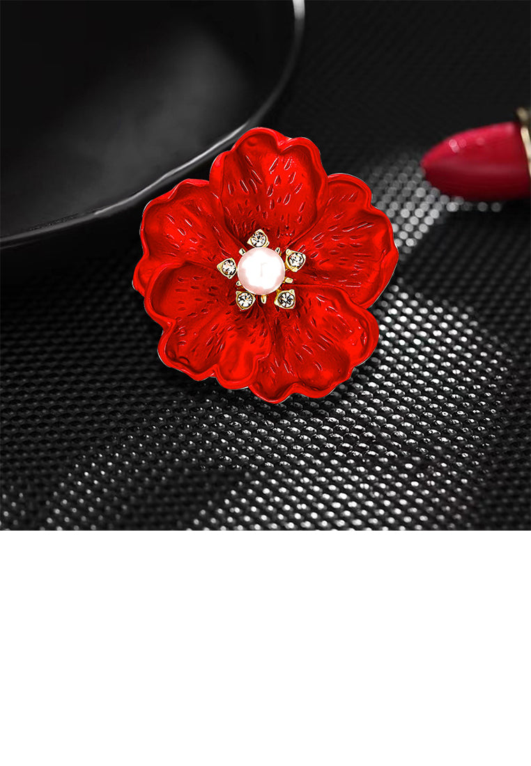 Fashion Temperament Plated Gold Enamel Red Peony Brooch with Cubic Zirconia - Luxurious Look - Vibrant Color