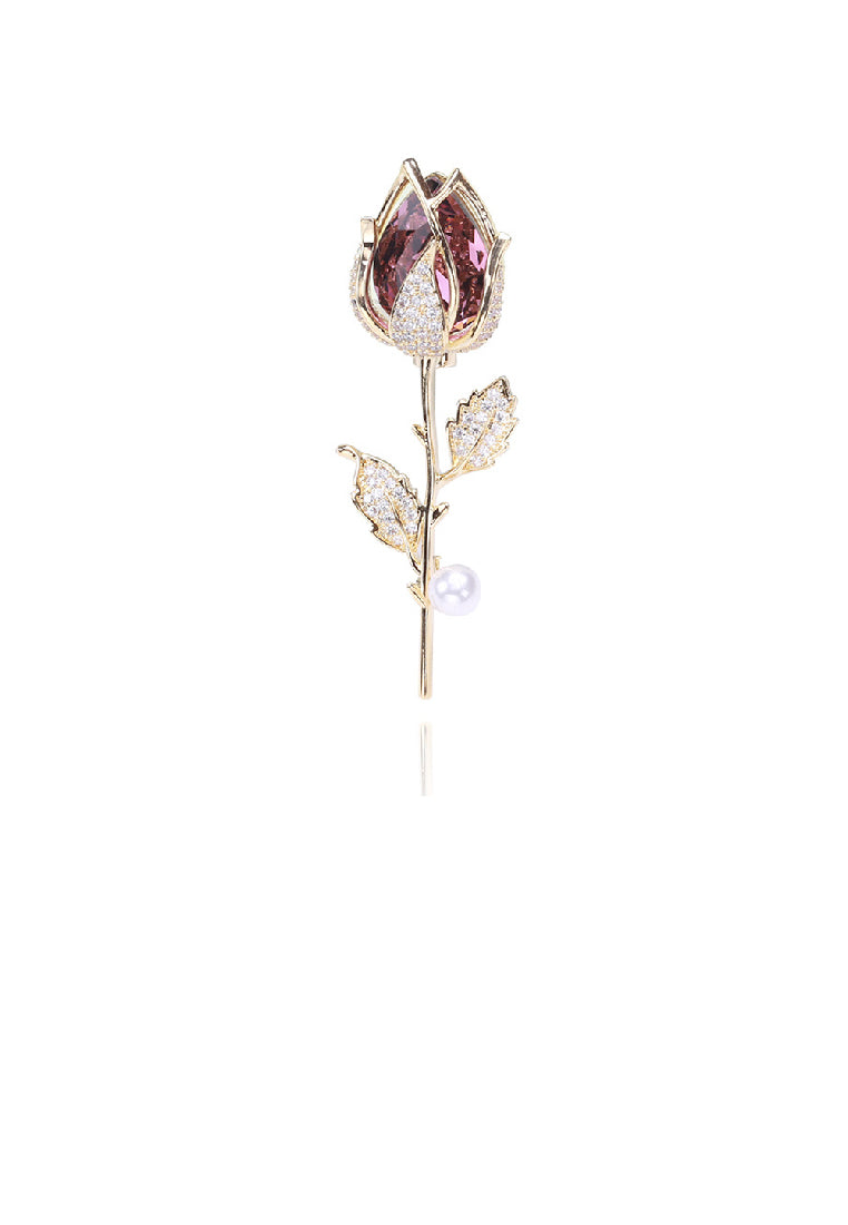 Fashion and Elegant Plated Gold Rose Imitation Pearl Brooch with Purple Cubic Zirconia - Luxurious Look