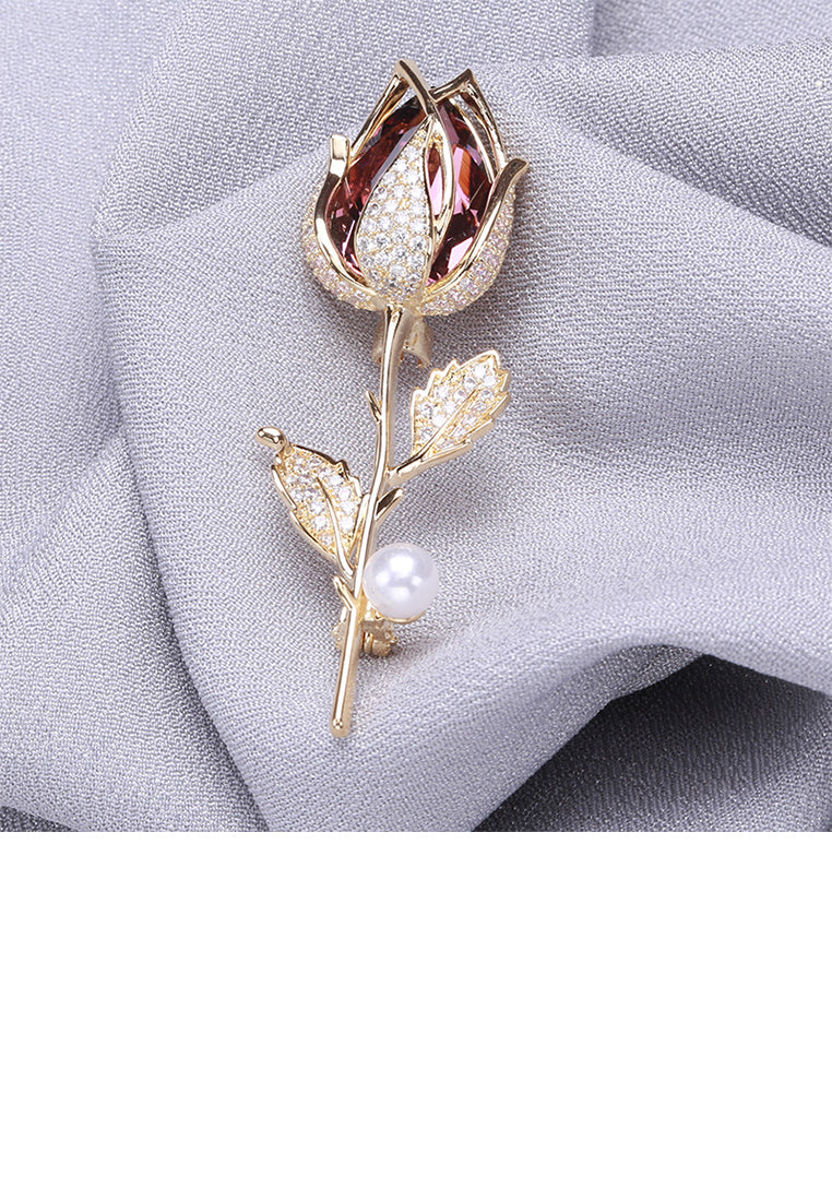 Fashion and Elegant Plated Gold Rose Imitation Pearl Brooch with Purple Cubic Zirconia - Luxurious Look