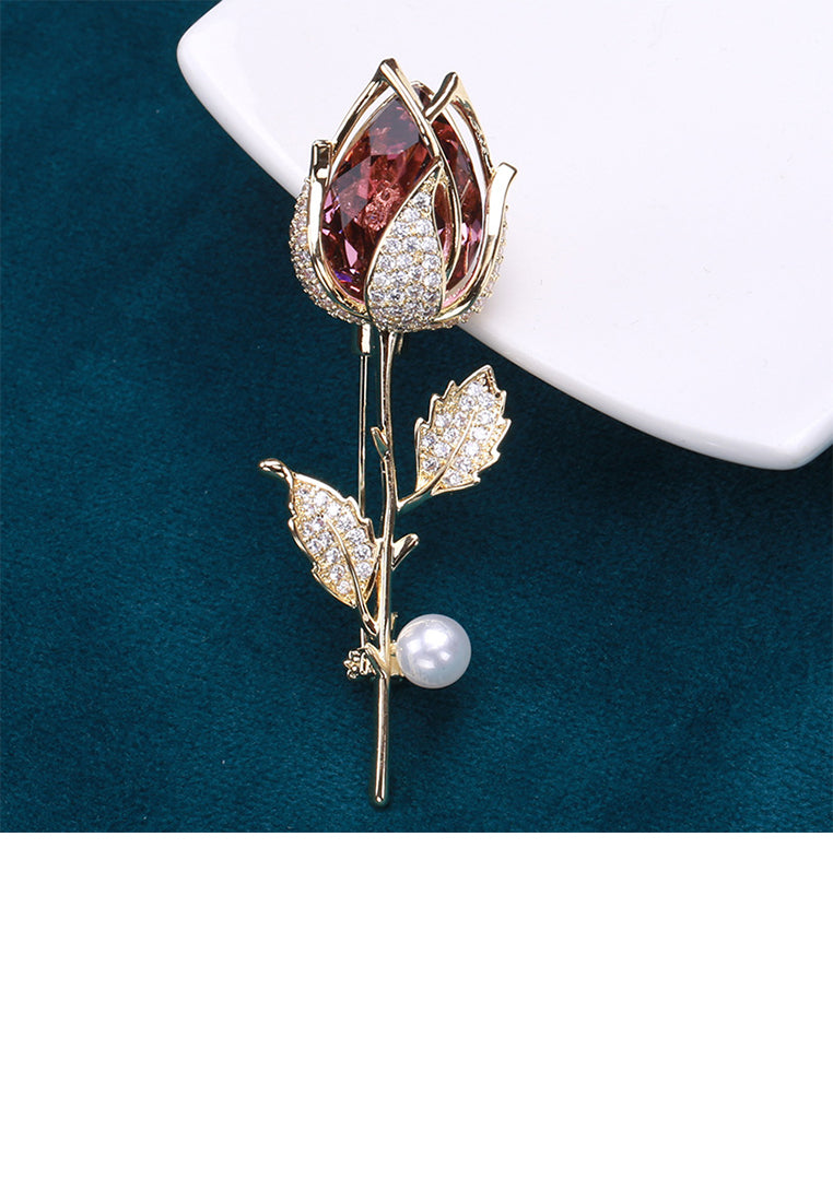 Fashion and Elegant Plated Gold Rose Imitation Pearl Brooch with Purple Cubic Zirconia - Luxurious Look
