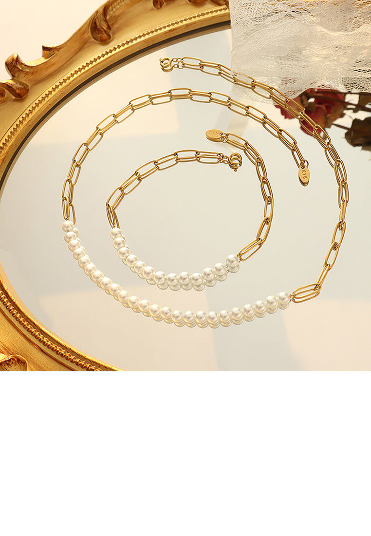 Simple and Elegant Plated Gold 316L Stainless Steel Imitation Pearl Geometric Chain Necklace - Luxurious Look