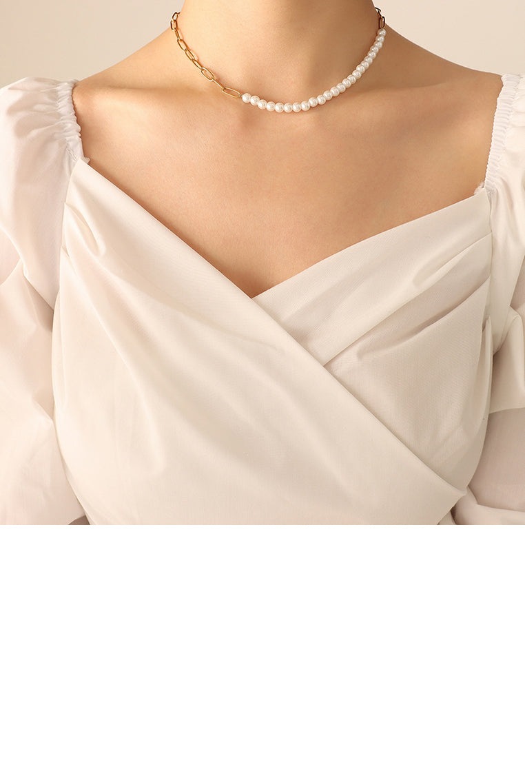 Simple and Elegant Plated Gold 316L Stainless Steel Imitation Pearl Geometric Chain Necklace - Luxurious Look