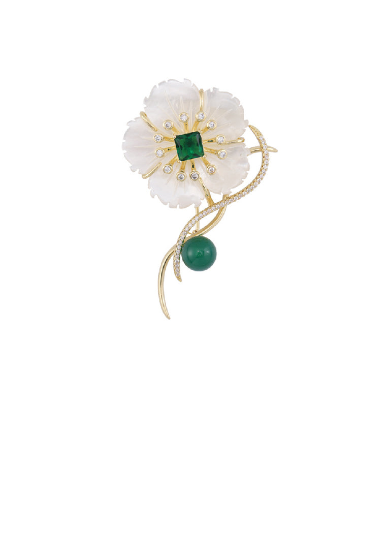 Fashion Elegant Plated Gold Shell Flower Brooch with Cubic Zirconia - Luxurious Look