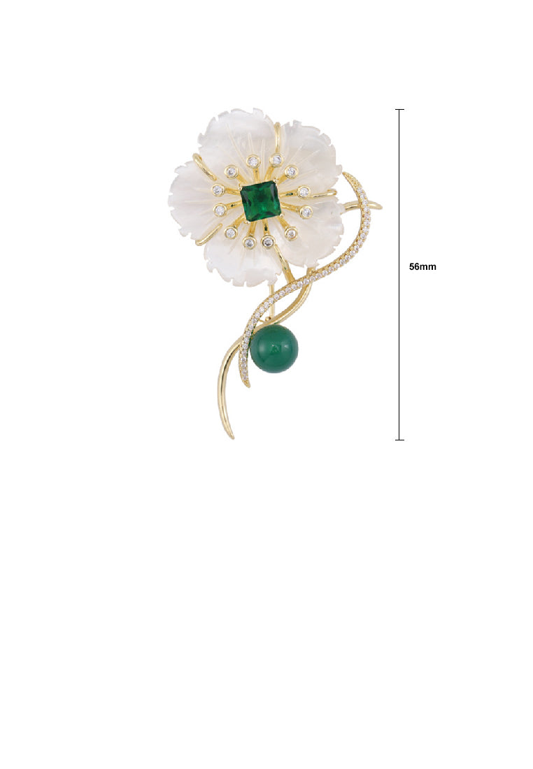 Fashion Elegant Plated Gold Shell Flower Brooch with Cubic Zirconia - Luxurious Look