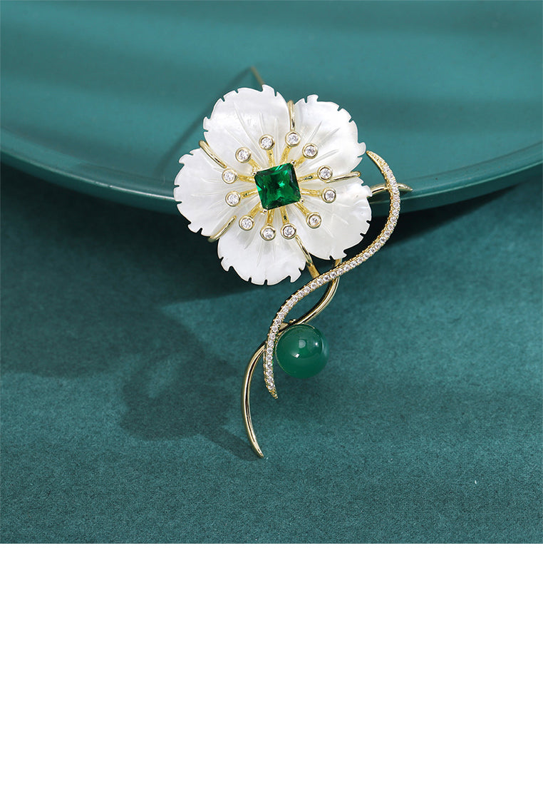 Fashion Elegant Plated Gold Shell Flower Brooch with Cubic Zirconia - Luxurious Look