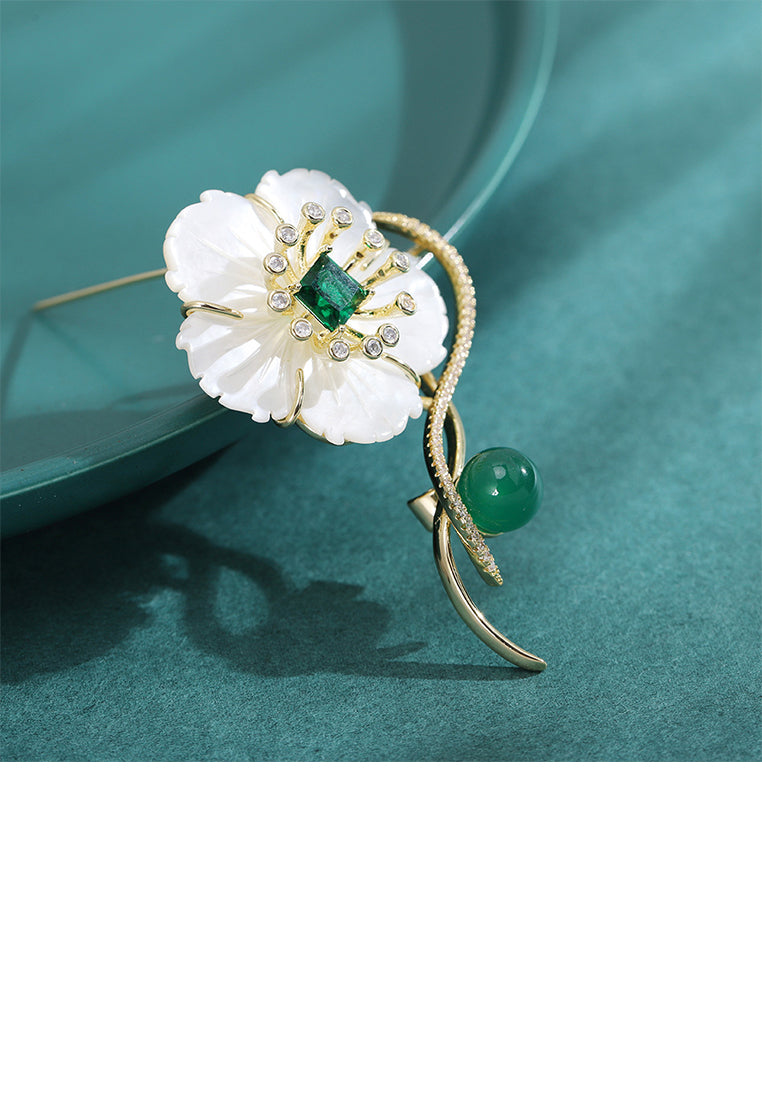 Fashion Elegant Plated Gold Shell Flower Brooch with Cubic Zirconia - Luxurious Look