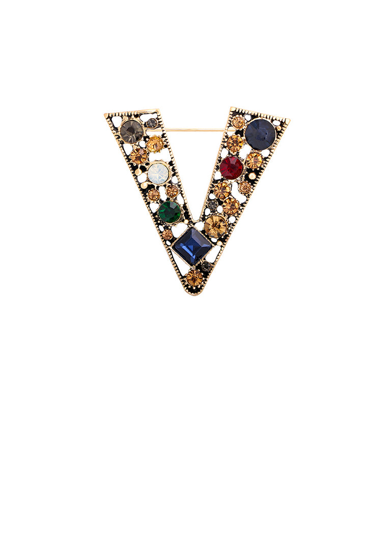 Fashion and Temperament Plated Gold Alphabet V Brooch with Colored Cubic Zirconia - Luxurious Look
