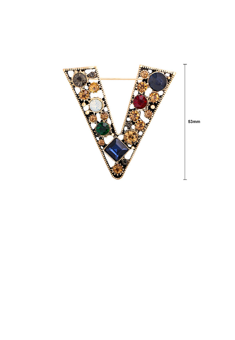 Fashion and Temperament Plated Gold Alphabet V Brooch with Colored Cubic Zirconia - Luxurious Look