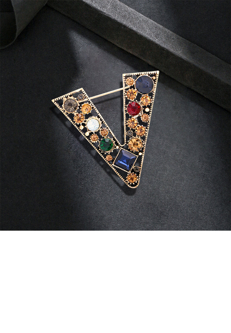 Fashion and Temperament Plated Gold Alphabet V Brooch with Colored Cubic Zirconia - Luxurious Look