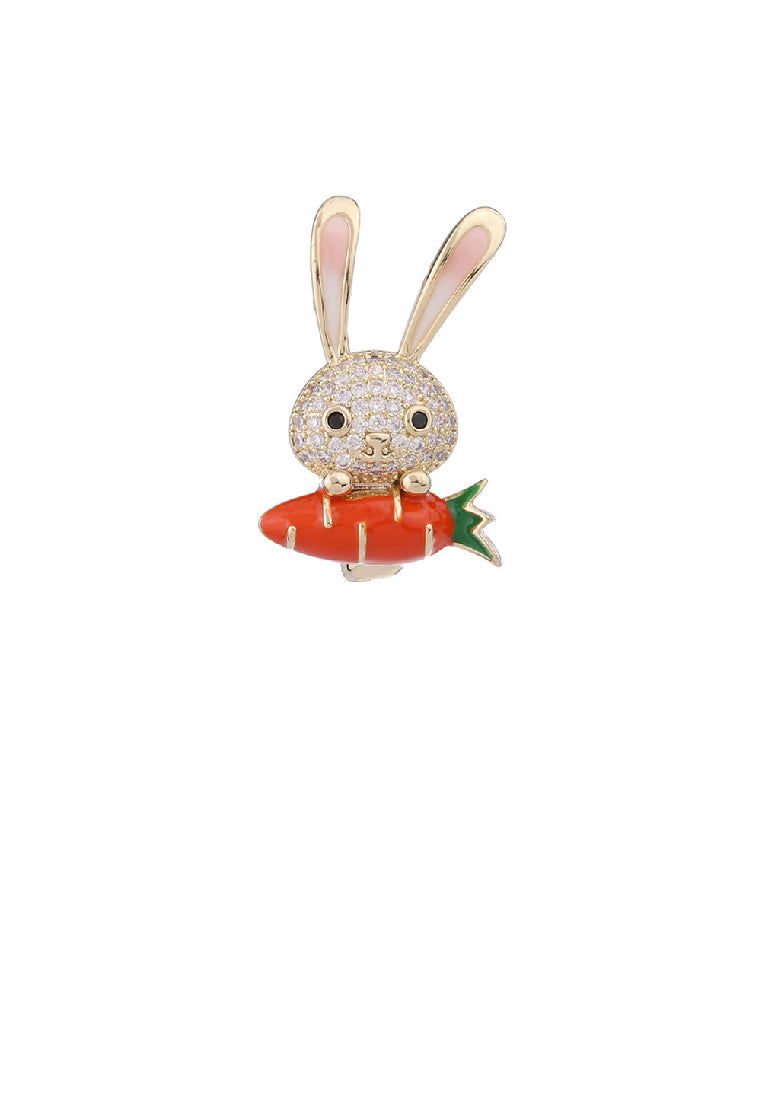 Simple and Lovely Plated Gold Rabbit Enamel Carrot Brooch with Cubic Zirconia - Luxurious Look