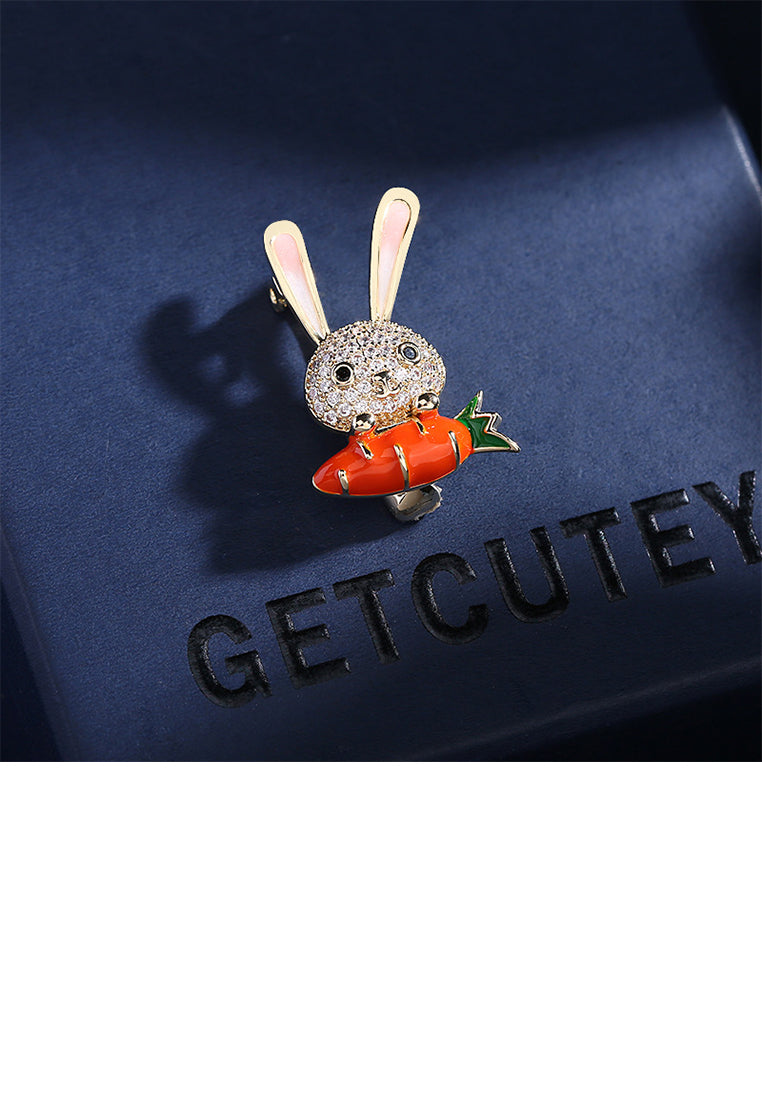 Simple and Lovely Plated Gold Rabbit Enamel Carrot Brooch with Cubic Zirconia - Luxurious Look