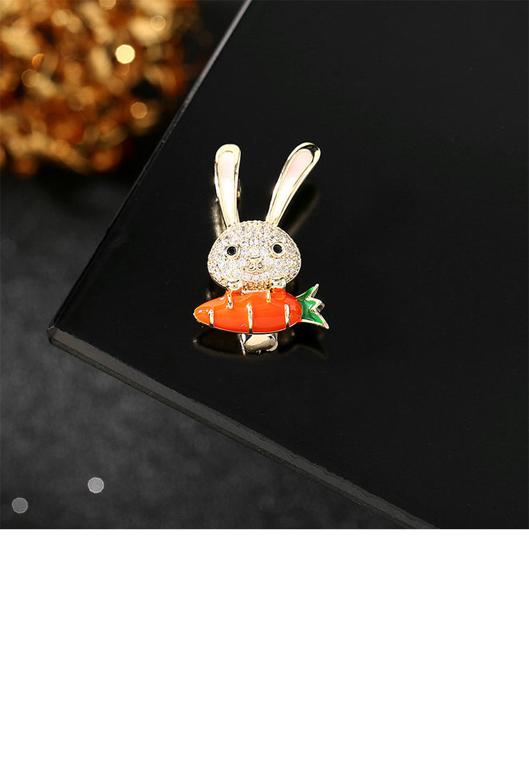 Simple and Lovely Plated Gold Rabbit Enamel Carrot Brooch with Cubic Zirconia - Luxurious Look