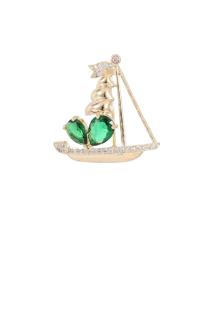 Fashion Simple Plated Gold Sailboat Brooch with Green Cubic Zirconia - Luxurious Look