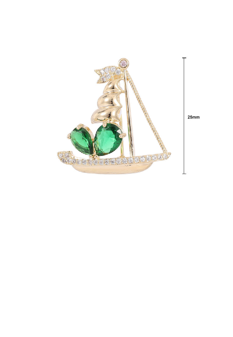 Fashion Simple Plated Gold Sailboat Brooch with Green Cubic Zirconia - Luxurious Look