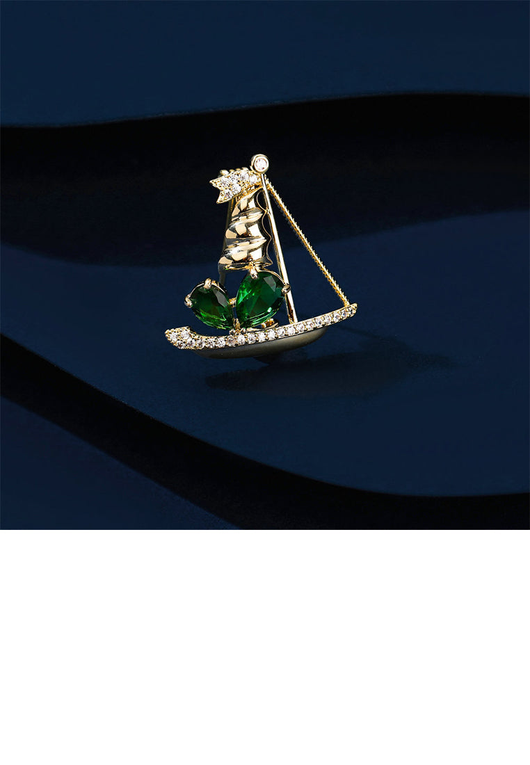 Fashion Simple Plated Gold Sailboat Brooch with Green Cubic Zirconia - Luxurious Look