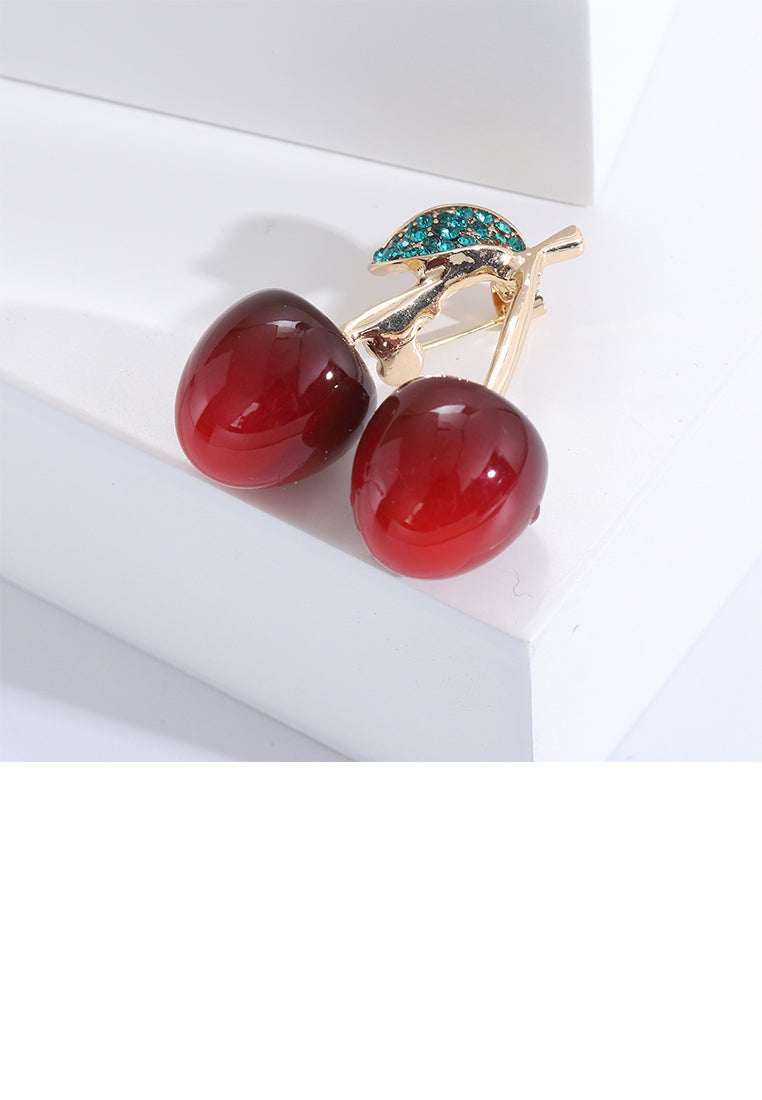 Sweet and Lovely Plated Gold Cherry Brooch with Cubic Zirconia - Luxurious Look