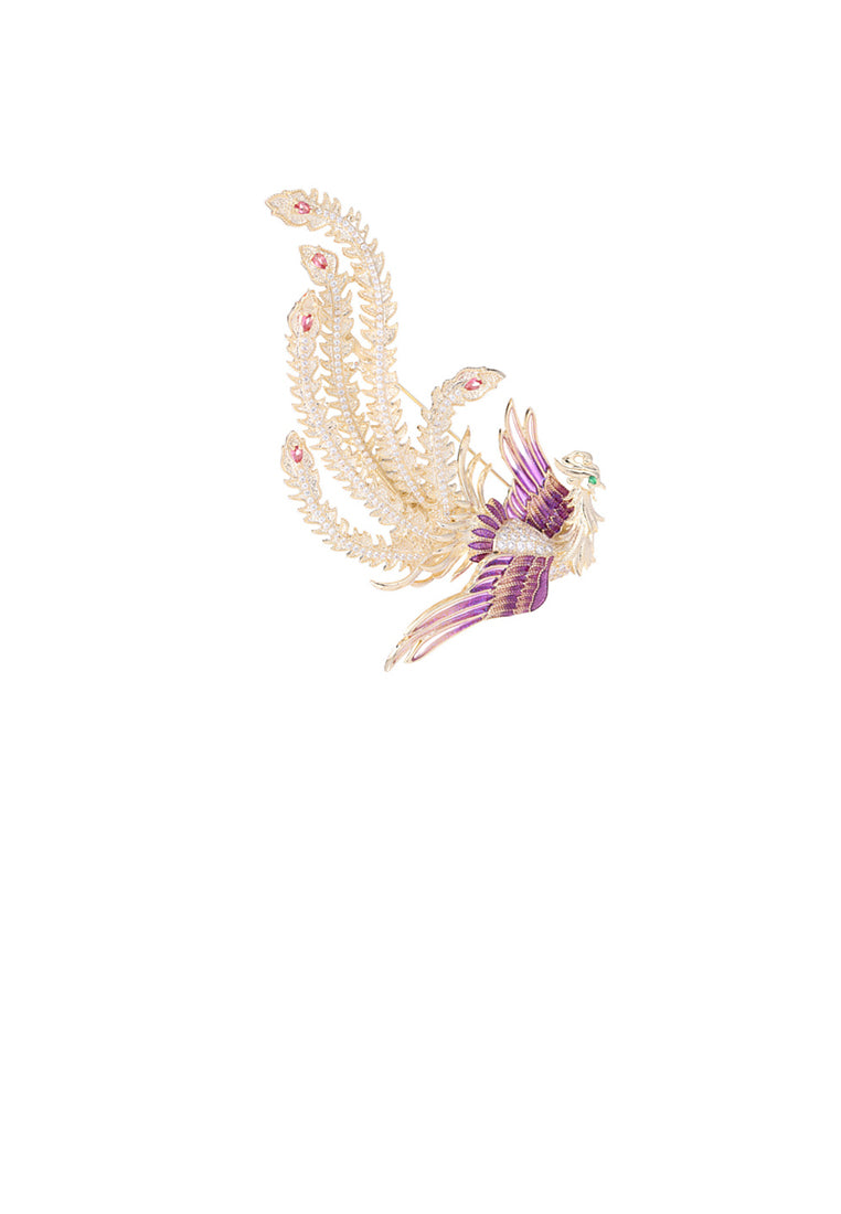 Fashion and Elegant Plated Gold Enamel Purple Phoenix Brooch with Cubic Zirconia - Luxurious Look