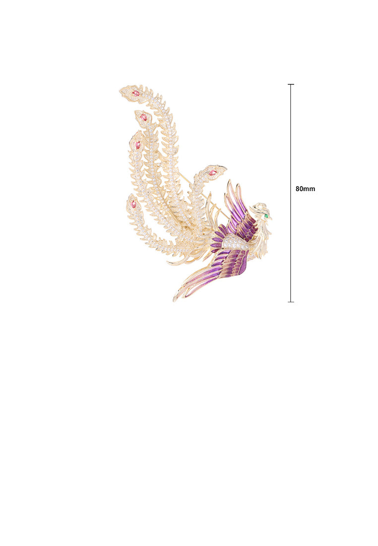 Fashion and Elegant Plated Gold Enamel Purple Phoenix Brooch with Cubic Zirconia - Luxurious Look