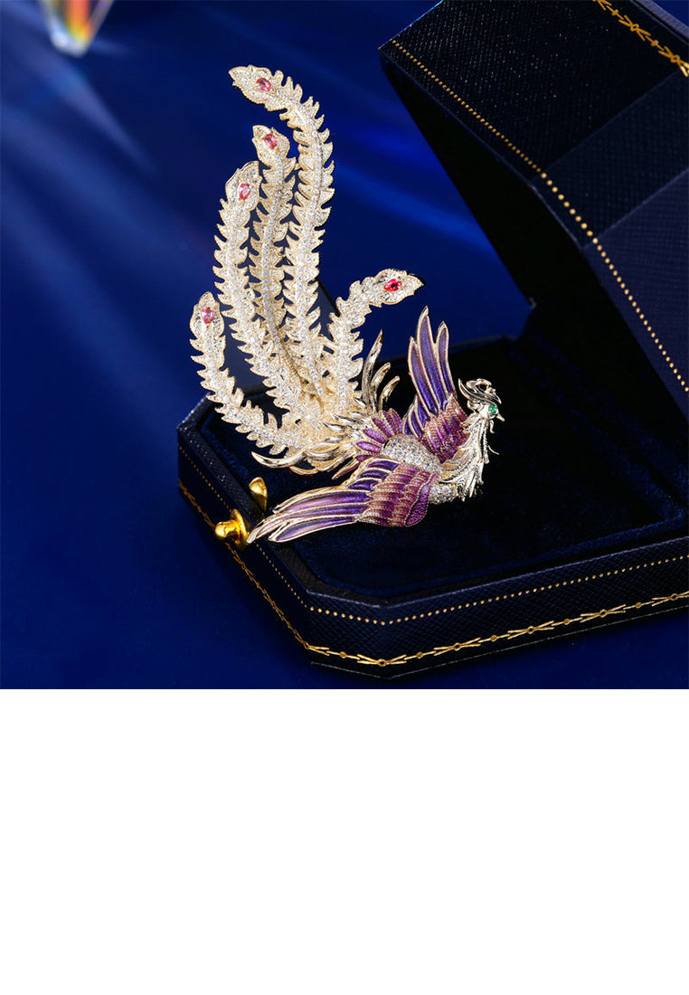 Fashion and Elegant Plated Gold Enamel Purple Phoenix Brooch with Cubic Zirconia - Luxurious Look