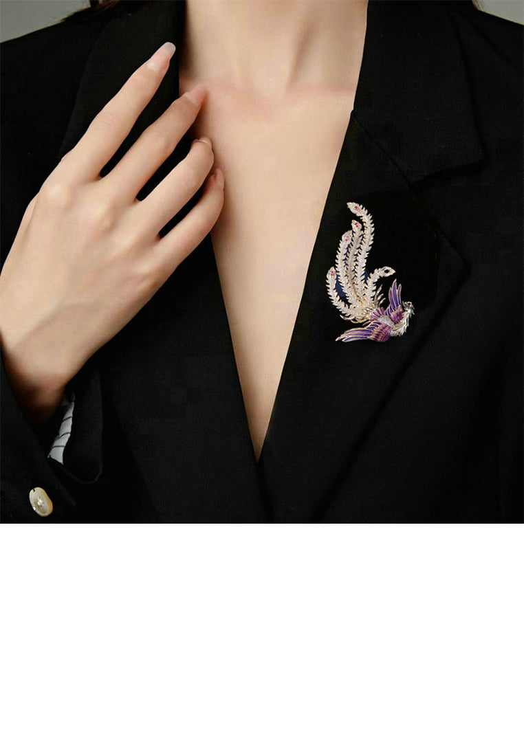 Fashion and Elegant Plated Gold Enamel Purple Phoenix Brooch with Cubic Zirconia - Luxurious Look