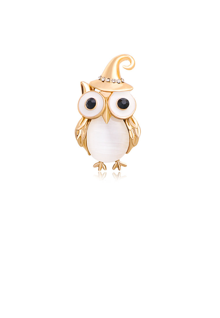 Simple Cute Plated Gold Owl Imitation Opal Brooch with Cubic Zirconia - Luxurious Look