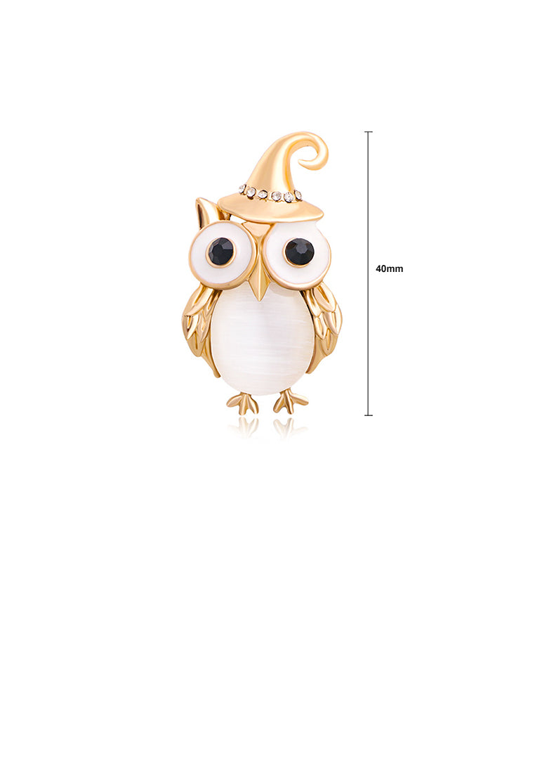 Simple Cute Plated Gold Owl Imitation Opal Brooch with Cubic Zirconia - Luxurious Look