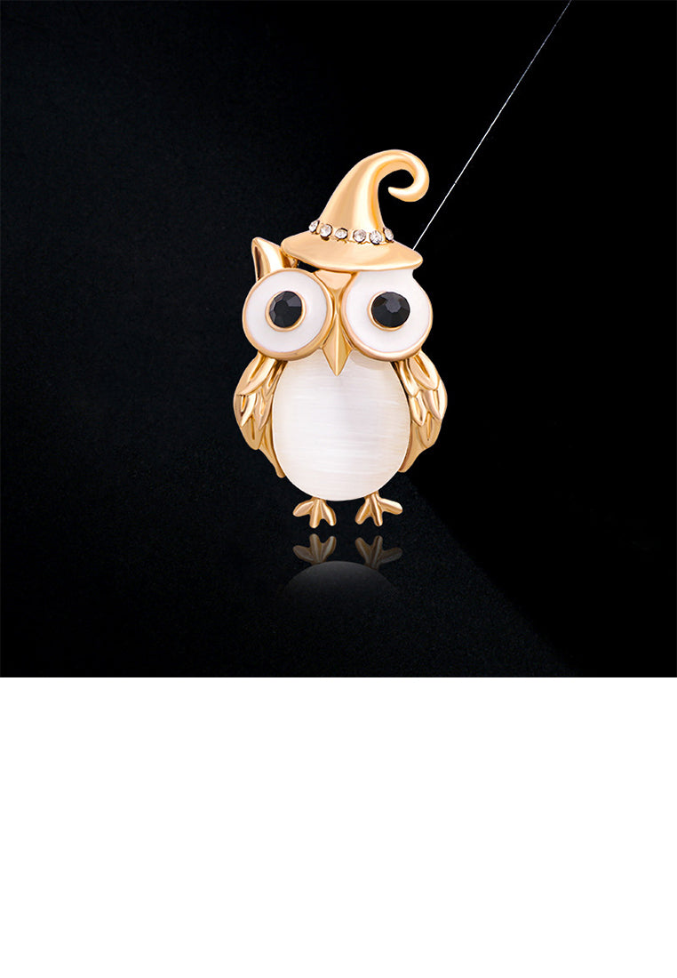 Simple Cute Plated Gold Owl Imitation Opal Brooch with Cubic Zirconia - Luxurious Look