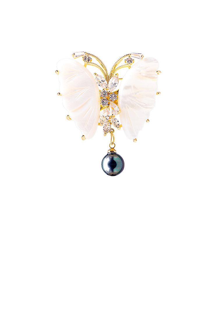 Fashion and Elegant Plated Gold Butterfly Imitation Pearl Brooch with Cubic Zirconia - Luxurious Look