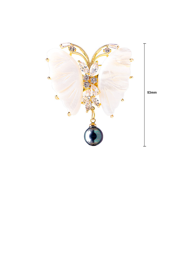 Fashion and Elegant Plated Gold Butterfly Imitation Pearl Brooch with Cubic Zirconia - Luxurious Look