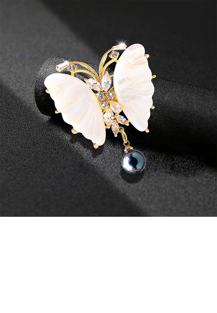 Fashion and Elegant Plated Gold Butterfly Imitation Pearl Brooch with Cubic Zirconia - Luxurious Look
