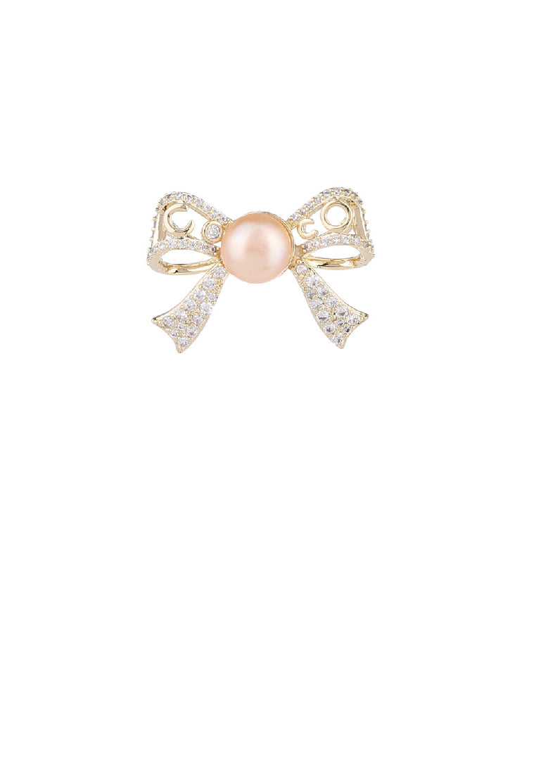 Simple and Elegant Plated Gold Floral Ribbon Imitation Pearl Brooch with Cubic Zirconia - Luxurious Look