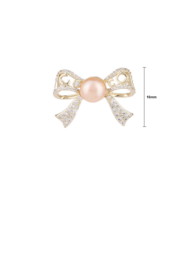 Simple and Elegant Plated Gold Floral Ribbon Imitation Pearl Brooch with Cubic Zirconia - Luxurious Look