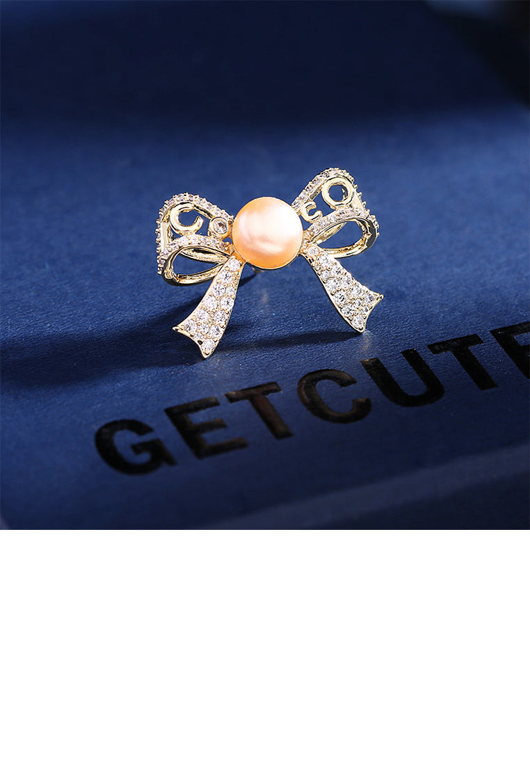 Simple and Elegant Plated Gold Floral Ribbon Imitation Pearl Brooch with Cubic Zirconia - Luxurious Look