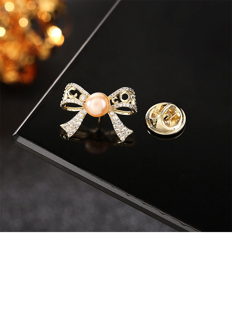 Simple and Elegant Plated Gold Floral Ribbon Imitation Pearl Brooch with Cubic Zirconia - Luxurious Look