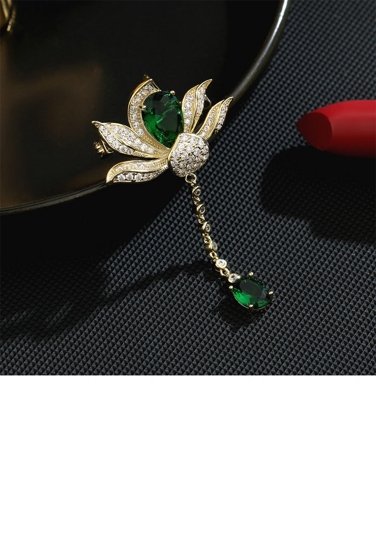 Fashion Elegant Plated Gold Lotus Tassel Brooch with Cubic Zirconia - Luxurious Look