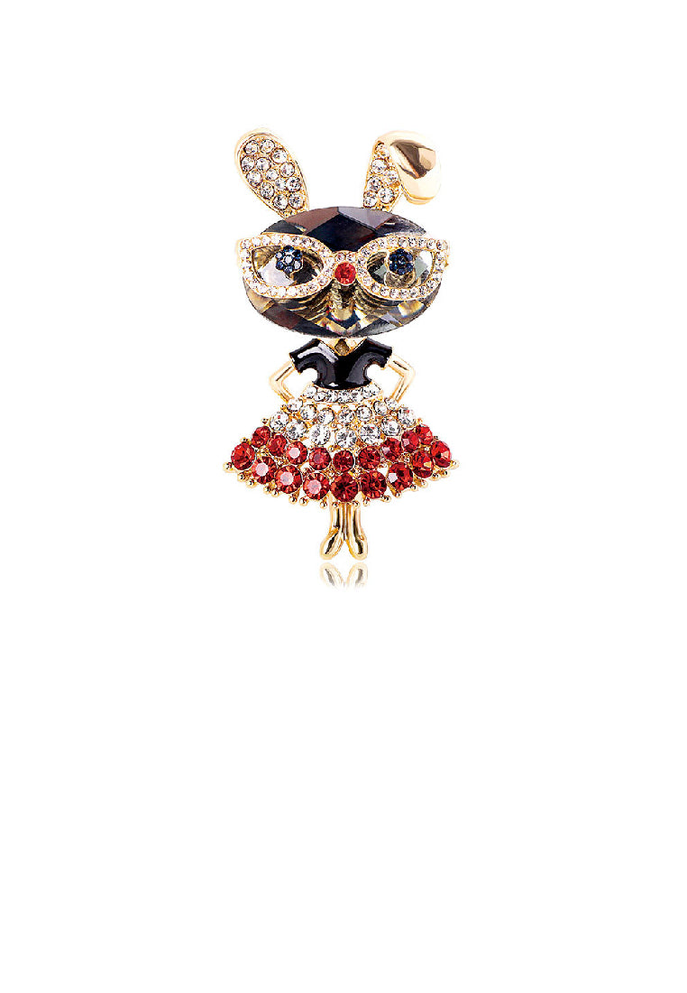 Fashion Cute Plated Gold Rabbit Brooch with Red Cubic Zirconia - Luxurious Look - Vibrant Color