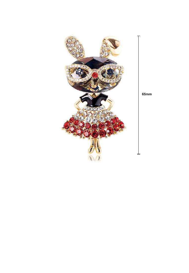 Fashion Cute Plated Gold Rabbit Brooch with Red Cubic Zirconia - Luxurious Look - Vibrant Color