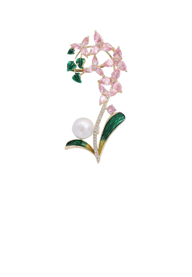 Fashion Elegant Plated Gold Enamel Pink Orchid Imitation Pearl Brooch with Cubic Zirconia - Luxurious Look - Vibrant Color