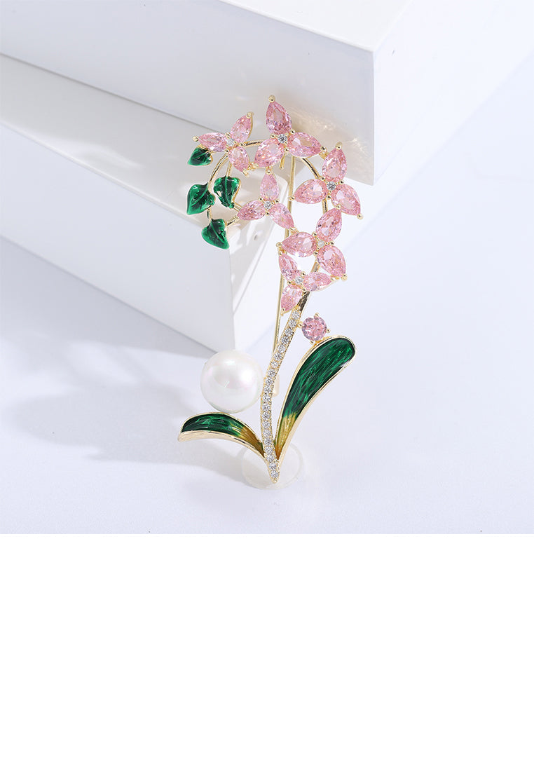Fashion Elegant Plated Gold Enamel Pink Orchid Imitation Pearl Brooch with Cubic Zirconia - Luxurious Look - Vibrant Color
