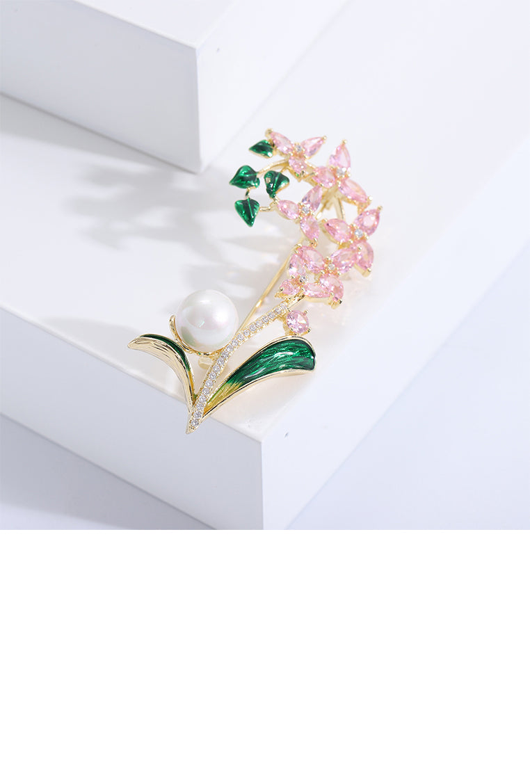 Fashion Elegant Plated Gold Enamel Pink Orchid Imitation Pearl Brooch with Cubic Zirconia - Luxurious Look - Vibrant Color