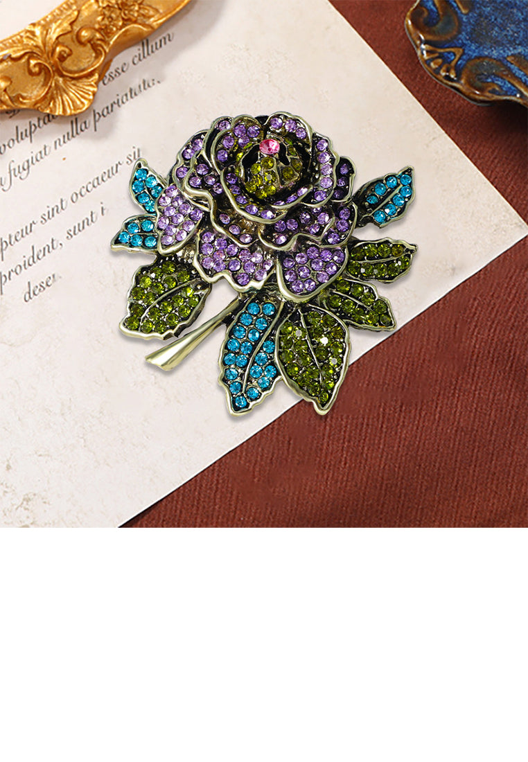 Fashion Vintage Plated Gold Rose Brooch with Cubic Zirconia - Luxurious Look