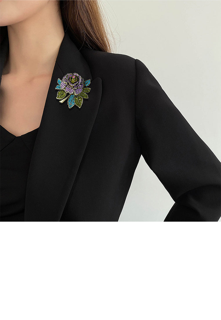 Fashion Vintage Plated Gold Rose Brooch with Cubic Zirconia - Luxurious Look