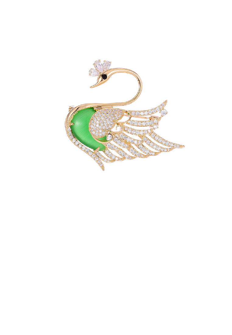Fashion Elegant Plated Gold Swan Green Imitation Opal Brooch with Cubic Zirconia - Luxurious Look