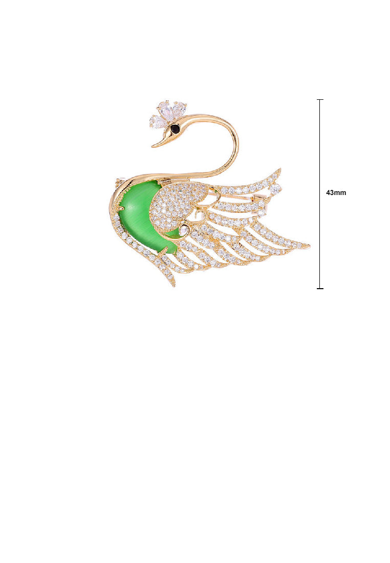 Fashion Elegant Plated Gold Swan Green Imitation Opal Brooch with Cubic Zirconia - Luxurious Look