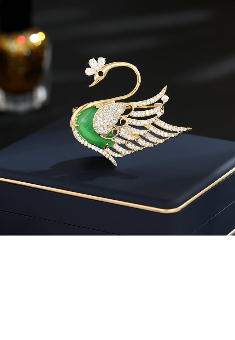 Fashion Elegant Plated Gold Swan Green Imitation Opal Brooch with Cubic Zirconia - Luxurious Look