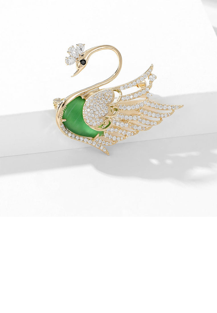 Fashion Elegant Plated Gold Swan Green Imitation Opal Brooch with Cubic Zirconia - Luxurious Look