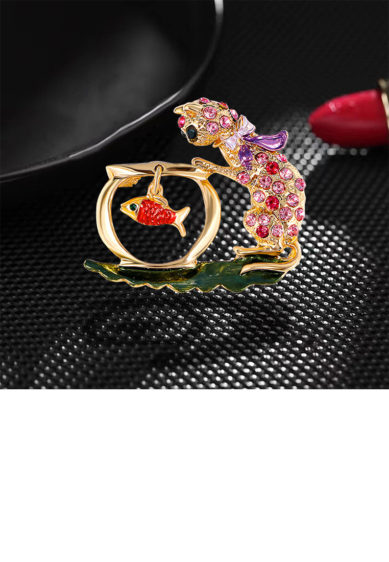 Fashion Cute Plated Gold Cat Brooch with Red Cubic Zirconia - Luxurious Look - Vibrant Color